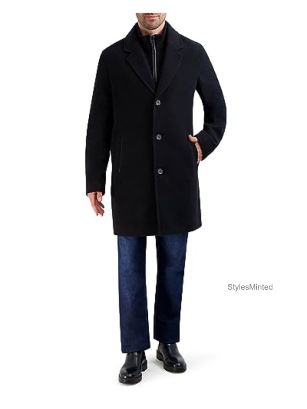 Wool Car Coat with Rib Knit Bib & Faux Leather Detail